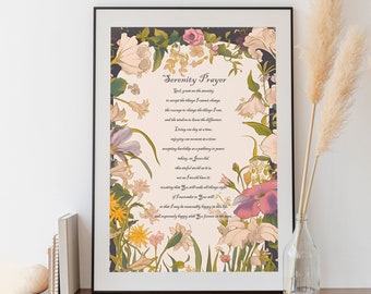 Serenity Prayer Print - Inspirational - Floral Art Print - Sobriety Gift