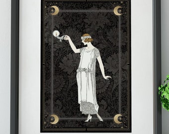 Deco - Art Nouveau Goddess - Silver and Gold Moon - Poster And Frame - Bohemian - Goddess Print Large Artwork Hippie Lady