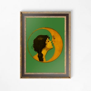 Woman Kissing Moon- Art Nouveau Print Bohemian Print Artwork -