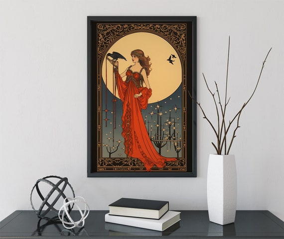 Morrigan Goddess Art Nouveau Poster: Bohemian Red and Gold Print