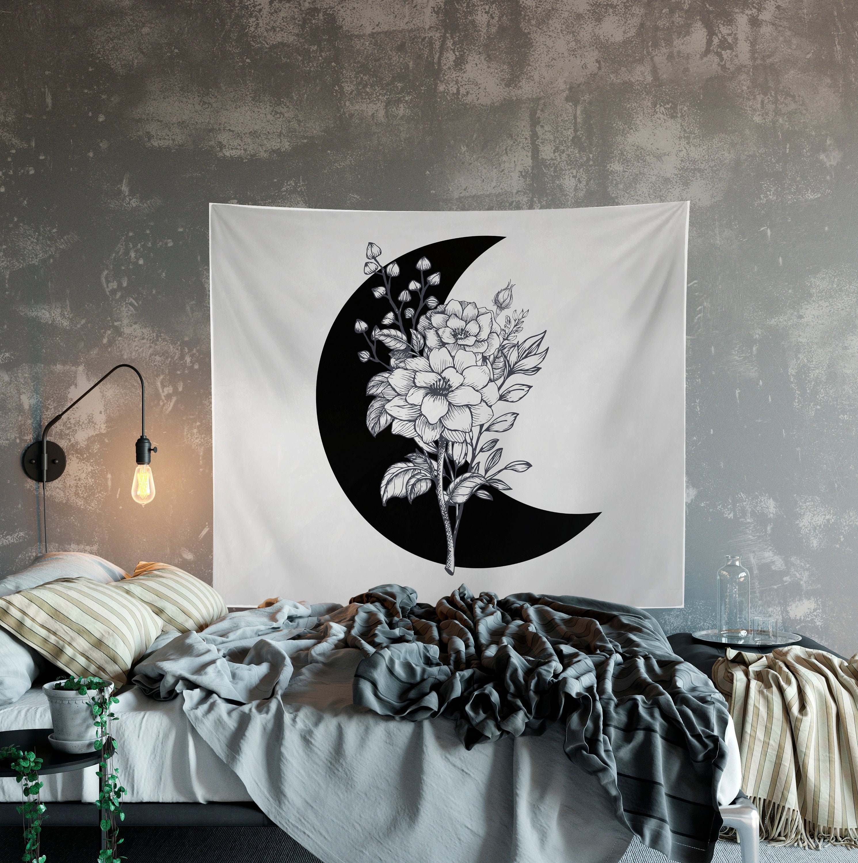 Moon Flowers Sketch Black and White Wall Hanging For | Etsy