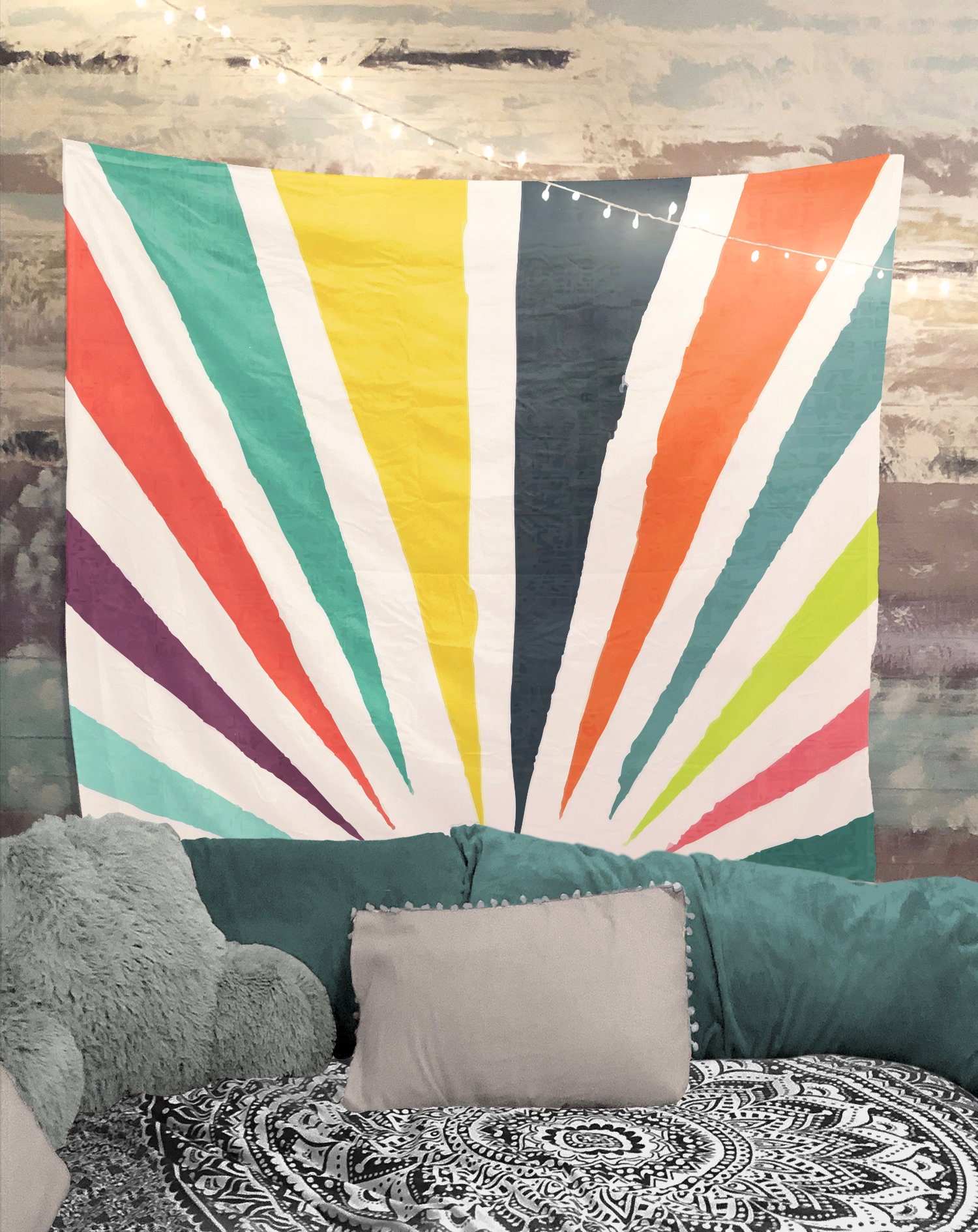 Rising Sun, 51x60 Vintage Sun and Moon Tapestry Retro 70s Rainbow Sunrise Sunset Minimal Geometric Grunge Abstract Art Print Boho Wall Hanging Hippie Meditation Celestial Bohemian Decor for Dorm Living Room Nursery Bedroom