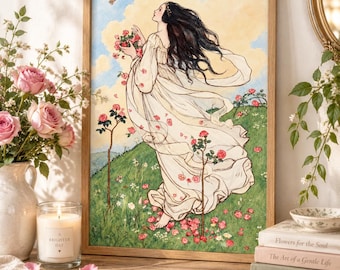 Vintage Rose Maiden Art Print, Pre-Raphaelite Woman, Romantic Botanical Wall Art (Digital Download)