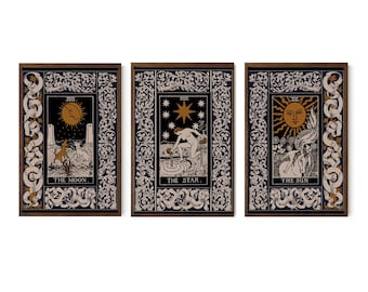 Art Nouveau Celestial Print Set – Moon, Sun, Star Navy Gold Trio