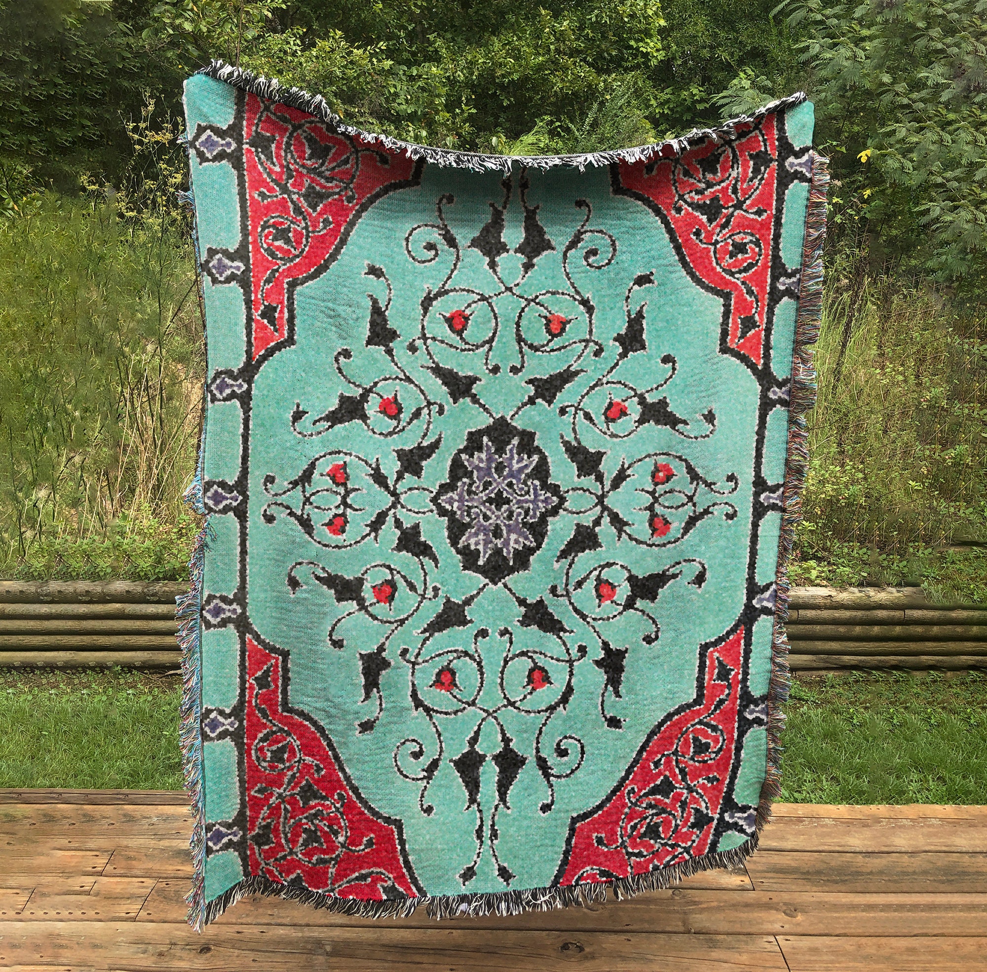 Teal Woven Blanket Ornamental Tapestry Woven Vintage Throw Etsy