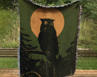 Owl Woven Blanket - Cute Owl Blanket - Vintage Design - Owl Lover Gift - Vintage Owl
