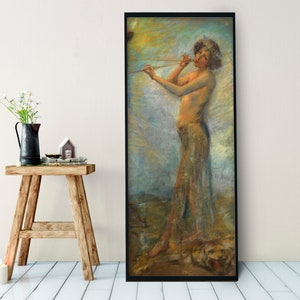 May include: A painting of a woman playing a flute. She is wearing a long, flowing dress and has a flower crown in her hair. The background is a soft, pastel blue.