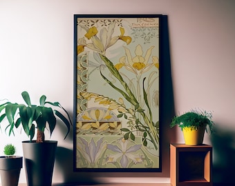 Yellow Iris Floral Art Nouveau Print - Bohemian Long Poster