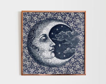 Blue Moon Face Print: Art Nouveau Floral, Shabby Chic