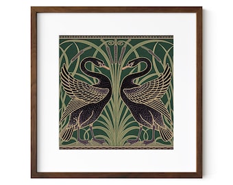 Black Swan Art Print, Square Art Nouveau Poster in Green and Gold - 16x16 inches