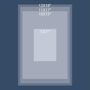May include: A dark blue graphic displaying five nested rectangular paper sizes in inches: 20x30, 12x18, 11x17, 10x15, and 5x7. The text at the bottom reads 230 gsm Museum grade paper. The layout illustrates various available print dimensions.