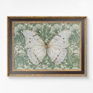 William Morris Green Floral Print - Vintage Butterfly Print Large Artwork - Beige, and Green - Vintage