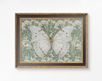 William Morris Green Floral Print - Vintage Butterfly Print Large Artwork - Beige, and Green - Vintage