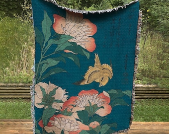 Japanese Woven - Vintage Pink Flowers ,  Woven Flower Throw - Vintage Flower Bohemian Blanket  - in Cotton