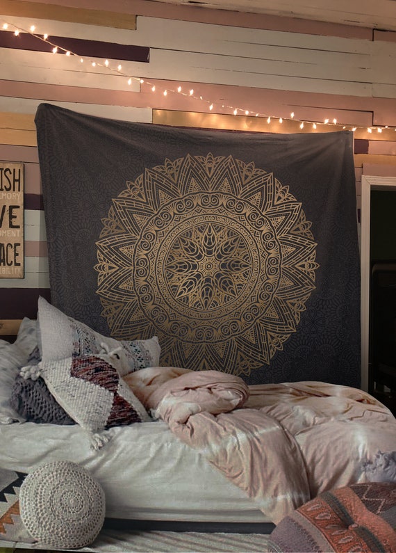 Black And Gold Mandala Tapestry Black Gold Decor Tapestry Wall Etsy
