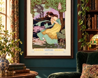 Art Nouveau Ventose Print, Woman and Botanicals, French Decorative Poster (Portrait)