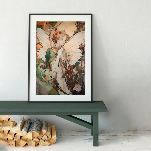 Vintage Fairy Art Print: Beige & Green Mystical Decor
