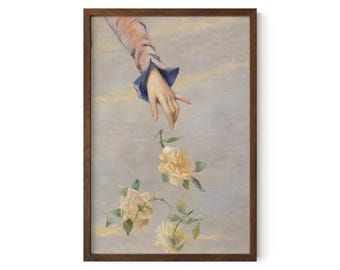 Hand Reaching for Roses Art Print | Romantic Vintage Floral Wall Art (Fine Art Paper)