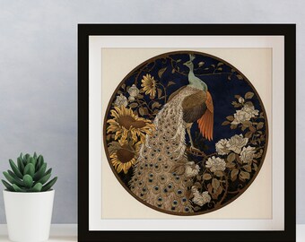 Vintage Peacock Painting  - Print - Black and Beige - Square - For Your Sacred Space