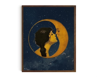 Mujer besando la luna - Lámina Art Nouveau estilo boho - Azul oscuro con nubes