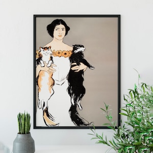 ルイ・イカール作「黒猫を抱く女性」アールデコプリント：シックな猫