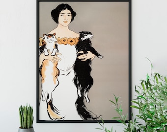 Art Nouveau Cat Print: Vintage Woman and Cats Illustration