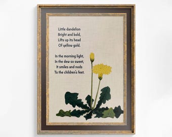 Dandelion Poem Print - Summer Vintage Poster - Nursery Room Print - Earth Neutral Colors
