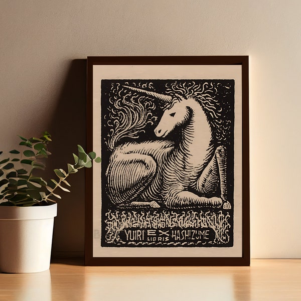 Vintage Unicorn Print - Black and Beige - Exlibris Art - Antique Print