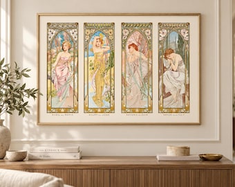 Alphonse Mucha Art Nouveau Print, Four-Panel Botanical Decor (Horizontal)