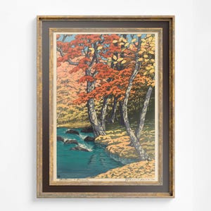 Autumn Woodblock Print - Japanese Art - Yellow Art Print - Moody Vintage Art - Fall Print - Nature Scenery