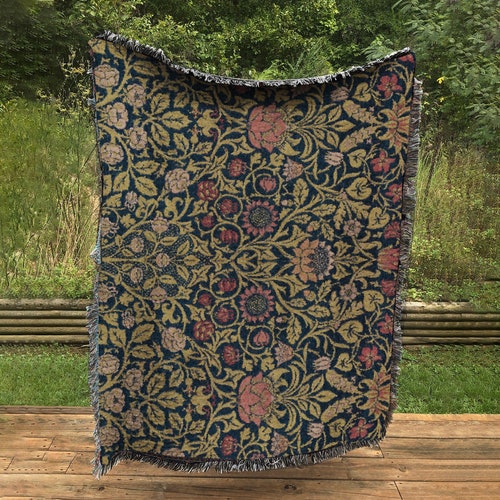 Blue Floral Tapestry Woven Flower Throw Vintage Flower Etsy