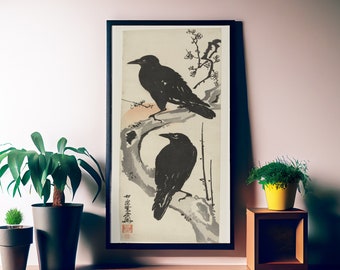 Xilografía japonesa - Cuervos - Boho Vintage - Imprimir obras de arte grandes - Floral - Póster largo - Década de 1800