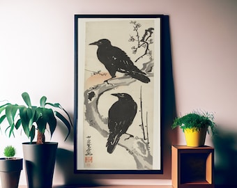 Japanese Woodblock - Crows - Bohemian Vintage -  Print Large Artwork - Floral - Long Poster - 1800s