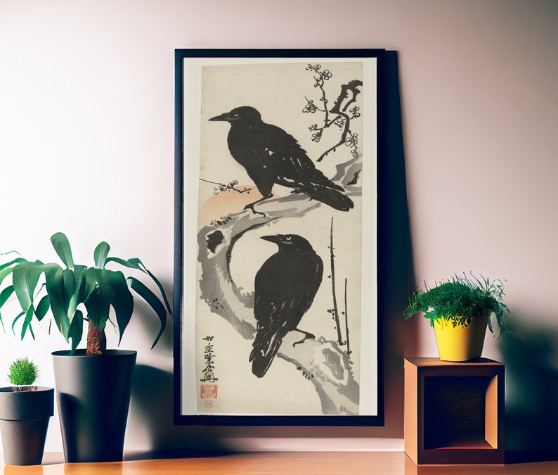 Japanese Woodblock Crows Bohemian Vintage Print Large Artwork Floral Long Poster 1800s image 1
