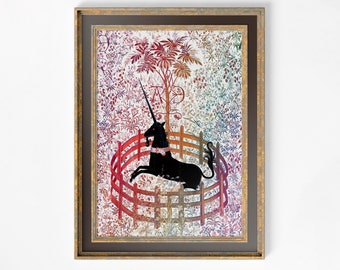 Medieval Unicorn Print: Rainbow Floral Fine Art Poster