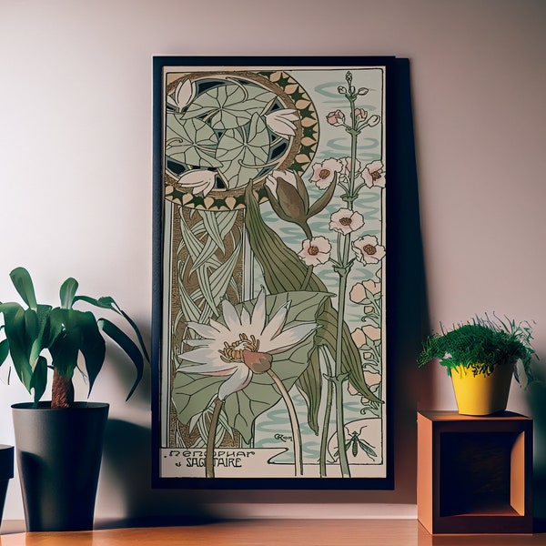 Floral Art Nouveau Print - Art Nouveau Poster Bohemian Print Large Artwork - Blue and Green - Long Poster