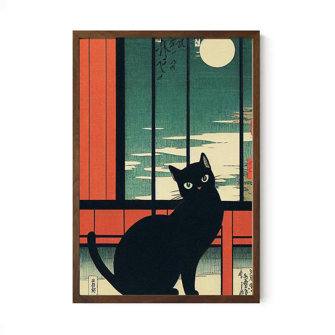 Japanese Black Cat Art Print: Ukiyo-e Illustration - Etsy