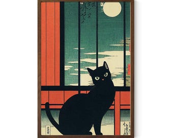 Japanese Black Cat Art Print: Ukiyo-e Illustration