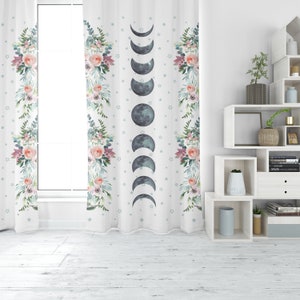 Moon Phase Curtains - Floral Moon Bohemian - Moon Curtains Set or Panel - Alchemy Design Bohemian Art