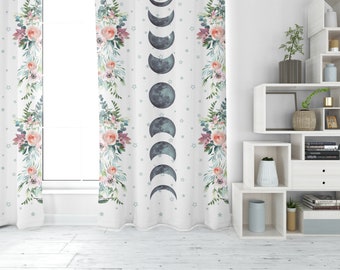Moon Phase Curtains - Floral Moon Bohemian - Moon Curtains Set or Panel - Alchemy Design Bohemian Art