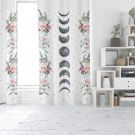Moon Phase Curtains Floral Moon Bohemian Moon Curtains Set Etsy