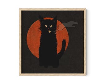 Black Cat Smoking Art Print, Gothic Wall Decor, Vintage Halloween Poster, Dark Humor, Cat Lover Gift