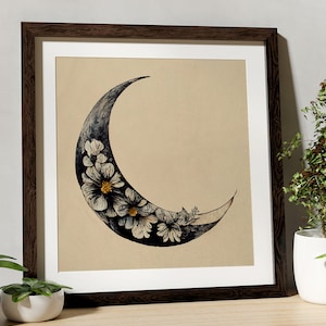 Flower Moon Painting  - Print - Black and Beige - - Mandala  Square - For Your Sacred Space