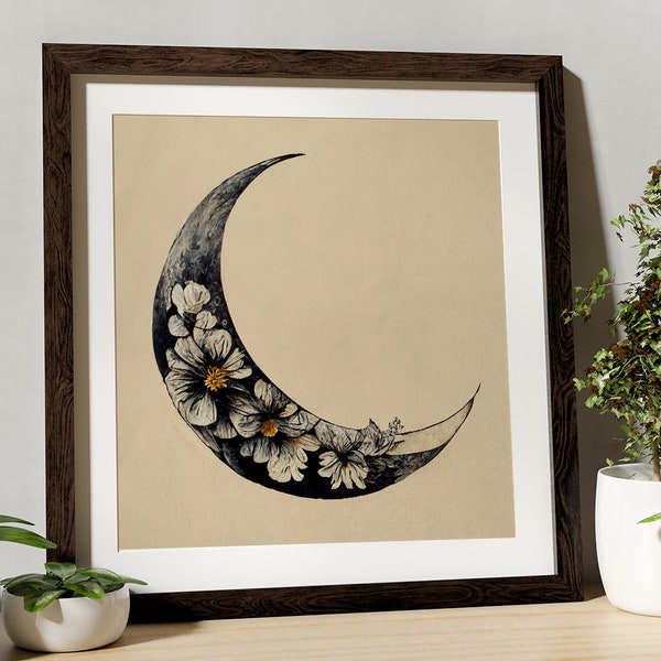 Flower Moon Painting  - Print - Black and Beige - - Mandala  Square - For Your Sacred Space