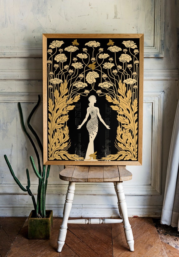 Demeter Goddess Art Nouveau Poster: Black and Gold Bohemian Print