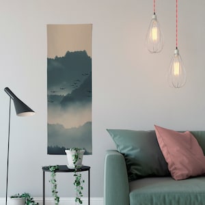 Japanese Mountains Long Wall Tapestry Green Cotton