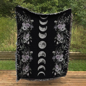Woven Moon Phase Blanket: Black Floral Cotton Jacquard