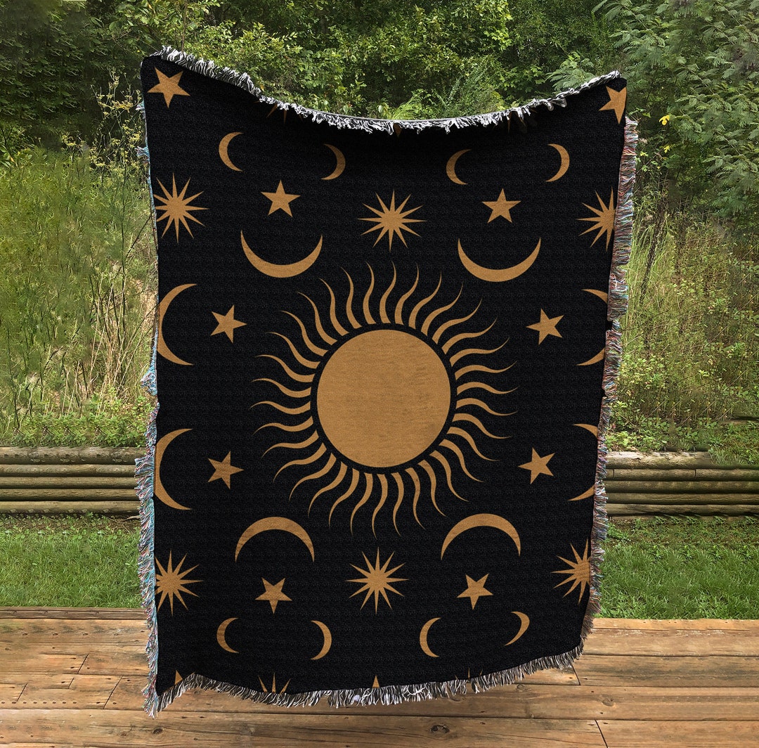 Jacquard Woven Woven Sun and Moon Blanket in Black and Gold - Etsy