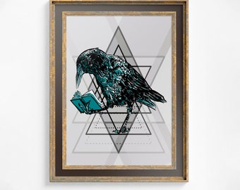 Lámina de cuervo - Póster Espíritu del Cuervo - Cuervo leyendo un libro para amantes de las aves - Obra de arte original