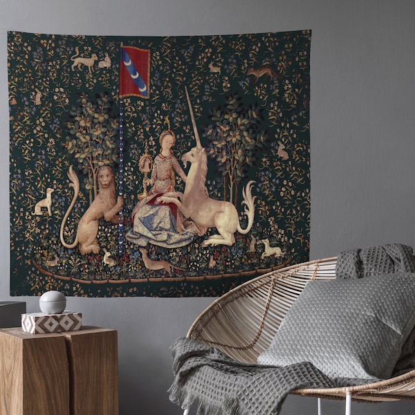 Lady With Unicorn Tapestry: Maroon & Dark Green - Raphael Art